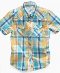 A plaid pick-me-up. His casual style will get a kick-start with this short-sleeved plaid shirt from Guess. A plaid pick-me-up. His casual style will get a kick-start with this short-sleeved plaid shirt from Guess.
