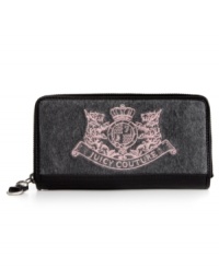 Give it up for fabulous design and exceptional detailing. This plush velour silhouette from Juicy Couture is adorned with their iconic Scottie mascot and trimmed in the softest leather. Features plenty of interior pockets and compartments for cash, coins, cards and ID. Give it up for fabulous design and exceptional detailing. This plush velour silhouette from Juicy Couture is adorned with their iconic Scottie mascot and trimmed in the softest leather. Features plenty of interior pockets and compartments for cash, coins, cards and ID.