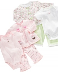 Step out in style. Made for sunny days or cloudy ones, this bodysuit, long-sleeved shirt and pant set from Little Me is sure to brighten up the day. Step out in style. Made for sunny days or cloudy ones, this bodysuit, long-sleeved shirt and pant set from Little Me is sure to brighten up the day.