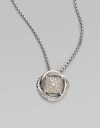 From the Infinity Collection. Gracefully intertwining bands of sterling silver, one cabled, one smooth, surround a center of radiant pavé diamonds that suspends from a silver box chain. Diamonds, 0.18 tcw Sterling silver Chain length, about 17 Pendant diameter, about ½ Lobster clasp Imported