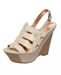 Send mixed messages. The Camilah sandals by BCBGeneration are perfectly mixed up with their faux wooden wedge partially covered in linen and strappy upper. Send mixed messages. The Camilah sandals by BCBGeneration are perfectly mixed up with their faux wooden wedge partially covered in linen and strappy upper.