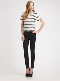 Coated cotton twill in a high-rise silhouette with skinny-leg construction. THE FITHigh-rise Skinny leg Rise, about 10 Inseam, about 28THE DETAILSZip fly Button closure Five-pocket style 92% cotton/7% polyester/1% spandex Dry clean Made in USA Coated cotton twill in a high-rise silhouette with skinny-leg construction. THE FITHigh-rise Skinny leg Rise, about 10 Inseam, about 28THE DETAILSZip fly Button closure Five-pocket style 92% cotton/7% polyester/1% spandex Dry clean Made in USA