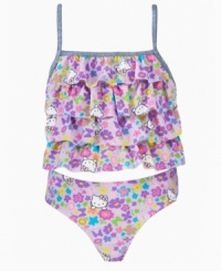 Do a little dance with ruffles. The layers on this tankini set from Hello Kitty make it a fun look to bring to the beach. Do a little dance with ruffles. The layers on this tankini set from Hello Kitty make it a fun look to bring to the beach.