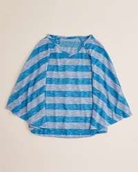 Her look takes flight with Aqua's cool slub poncho, rendered wide stripes and raglan sleeves for a classic silhouette. Her look takes flight with Aqua's cool slub poncho, rendered wide stripes and raglan sleeves for a classic silhouette.