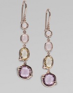 Distinctive, dazzling and dramatic drops with four softly hued faceted stones set in sterling silver and 18k gold with a glowing finish of 18k rose goldplating.Rose quartz, clear quartz, amazonite and green gold citrine18k gold and sterling silver with 18k rose goldplatingLength, about 2¼Ear wireImported