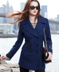 Via Spiga updates a classic pea coat with sleek faux-leather trim. Edgy styling makes this classic topper look totally fresh. Via Spiga updates a classic pea coat with sleek faux-leather trim. Edgy styling makes this classic topper look totally fresh.