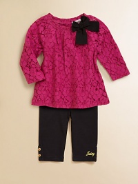 A lovely, lacy top partners comfy jersey leggings with a few golden touches to dress things up.Round band neckline with big grosgrain bowLong raglan sleevesBack button placketElasticized waist leggingsGold buttons and Juicy embroidery at cuffsTop lined in cottonTop: viscose/silkLeggings: cotton/spandexMachine washImportedPlease note: Number of buttons may vary depending on size ordered. A lovely, lacy top partners comfy jersey leggings with a few golden touches to dress things up.Round band neckline with big grosgrain bowLong raglan sleevesBack button placketElasticized waist leggingsGold buttons and Juicy embroidery at cuffsTop lined in cottonTop: viscose/silkLeggings: cotton/spandexMachine washImportedPlease note: Number of buttons may vary depending on size ordered.