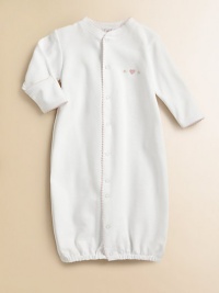 This soft cotton gown with embroidery can be converted to legs. Picot trim Front snaps Cotton; machine wash Imported This soft cotton gown with embroidery can be converted to legs. Picot trim Front snaps Cotton; machine wash Imported
