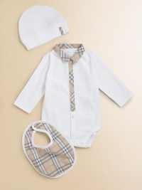 A classic cotton knit bodysuit, bib and hat accented with a soft-toned classic check pattern.Shirt collarLong sleevesButton-down placketBottom snapsCottonMachine washImported Please note: Number of snaps may vary depending on size ordered. A classic cotton knit bodysuit, bib and hat accented with a soft-toned classic check pattern.Shirt collarLong sleevesButton-down placketBottom snapsCottonMachine washImported Please note: Number of snaps may vary depending on size ordered.
