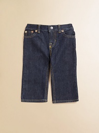 Classic, slim-fitting jeans are rendered in a rugged dark wash with authentic denim detailing.Snap closureRear elasticized waistband with belt loopsZip flyFive-pocket styleCottonMachine washImported Classic, slim-fitting jeans are rendered in a rugged dark wash with authentic denim detailing.Snap closureRear elasticized waistband with belt loopsZip flyFive-pocket styleCottonMachine washImported