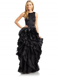 THE LOOKRound necklineSleeveless Pleated bodice Cascading ruffled skirtScoopbackBack zip closureTHE FITAbout 58 from shoulder to hemTHE MATERIALSilkFully linedCARE & ORIGINDry cleanImportedModel shown is 5'8 (172½cm) wearing US size 4. THE LOOKRound necklineSleeveless Pleated bodice Cascading ruffled skirtScoopbackBack zip closureTHE FITAbout 58 from shoulder to hemTHE MATERIALSilkFully linedCARE & ORIGINDry cleanImportedModel shown is 5'8 (172½cm) wearing US size 4.