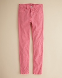 Rendered in bold, blushing hues and a slightly stretchy twill fabric, this luxe skinny jean acknowledges the impact of brut color in her casual wardrobe. Rendered in bold, blushing hues and a slightly stretchy twill fabric, this luxe skinny jean acknowledges the impact of brut color in her casual wardrobe.