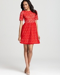 In vibrant lace, Adrianna Papell's sweet dress lends a youthful look. Turn on the charm and team with classic pearls and nude pumps. In vibrant lace, Adrianna Papell's sweet dress lends a youthful look. Turn on the charm and team with classic pearls and nude pumps.