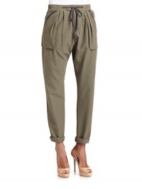 Superfine silk/cotton blend has a slouchy shape, utility pockets and contrast canvas trim.Elastic waistband with button closure and canvas drawstring Front zipper Side pockets with canvas trim Tapered legs Back button flap pockets with canvas trim Inseam, about 29½ 55% silk/45% cotton; dry clean Imported Superfine silk/cotton blend has a slouchy shape, utility pockets and contrast canvas trim.Elastic waistband with button closure and canvas drawstring Front zipper Side pockets with canvas trim Tapered legs Back button flap pockets with canvas trim Inseam, about 29½ 55% silk/45% cotton; dry clean Imported