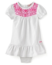 Subtle blue and white stripes paired with pretty pink embroidery make this dress and diaper cover set from Juicy the perfect ensemble for a fashionable play-date. Subtle blue and white stripes paired with pretty pink embroidery make this dress and diaper cover set from Juicy the perfect ensemble for a fashionable play-date.