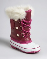 With pretty puff of faux fur at the top, these cutie boots from Juicy Couture are all about fun in the snow, rain or whatever the season may bring. With pretty puff of faux fur at the top, these cutie boots from Juicy Couture are all about fun in the snow, rain or whatever the season may bring.