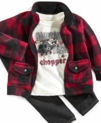 Cute and cozy, this Kids Headquarters set feature plaid jacket, denim pants, and helicopter graphic tee that your little man is sure to love. Cute and cozy, this Kids Headquarters set feature plaid jacket, denim pants, and helicopter graphic tee that your little man is sure to love.