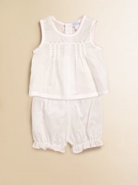 Your little one will love wearing this lightweight two-piece set with dainty rosebuds and feminine detailing. Round necklineSleevelessFront pleatingScallop trim at the neckline, arms and legsBack button closureElastic band at waist and leg openingsPima cottonMachine washImported Your little one will love wearing this lightweight two-piece set with dainty rosebuds and feminine detailing. Round necklineSleevelessFront pleatingScallop trim at the neckline, arms and legsBack button closureElastic band at waist and leg openingsPima cottonMachine washImported