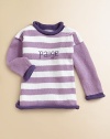 Stripes lend whimsy to this beautifully crafted pure cotton sweater perfect for girls and boys alike. A rolled neckline, hem and cuffs add small touches of contrast color. Rolled detailCottonMachine washMade in USAFOR PERSONALIZATION Select a quantity, then scroll down and click on PERSONALIZE & ADD TO BAG to choose and preview your personalization options. Please allow 4-6 weeks for delivery. 