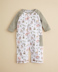Striped sleeves and wild animal prints combine to make a comfy coverall, crafted with care by Kissy Kissy. Striped sleeves and wild animal prints combine to make a comfy coverall, crafted with care by Kissy Kissy.