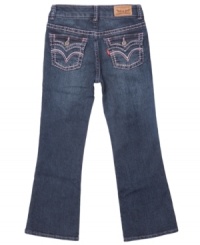 Thick top-stitching at the pockets and belt loops, these bootcut jeans from Levi's have just enough of an accent to enhance her style. Thick top-stitching at the pockets and belt loops, these bootcut jeans from Levi's have just enough of an accent to enhance her style.