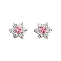 .925 Sterling Silver Rhodium Plated Flower Pink CZ Stud Earrings with Screw-back for Children & Women