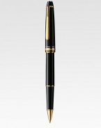 Rollerball tip, accented with gold-plated clip and rings and finished with barrel and cap made of precious black resin.RollerballGold-plated clipResin with inlaid logo emblemAbout 5¾ longMade in Germany