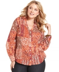 Sport a vintage spirit with Lucky Brand Jeans' long sleeve plus size shirt, featuring a patchwork-print. Sport a vintage spirit with Lucky Brand Jeans' long sleeve plus size shirt, featuring a patchwork-print.