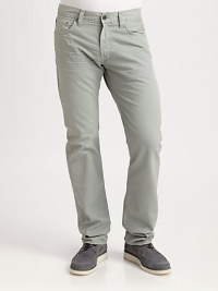 All time favorite slim straight silhouette in a lightly washed cotton twill.Five-pocket styleZip flyInseam, about 34CottonMachine washMade in USA