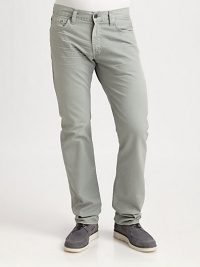 All time favorite slim straight silhouette in a lightly washed cotton twill.Five-pocket styleZip flyInseam, about 34CottonMachine washMade in USA All time favorite slim straight silhouette in a lightly washed cotton twill.Five-pocket styleZip flyInseam, about 34CottonMachine washMade in USA