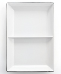 Simply elegant for everyday meals but with a banded edge that shines on formal tables, the Platinum Fine Line divided server is a flawless choice for every occasion. Perfect for a variety of snacks, hors devours or dipping sauces. Simply elegant for everyday meals but with a banded edge that shines on formal tables, the Platinum Fine Line divided server is a flawless choice for every occasion. Perfect for a variety of snacks, hors devours or dipping sauces.