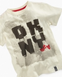Run with a rugged style. A graffiti-stylized logo on this crisp t-shirt from DKNY gives him a fresh summer style. Run with a rugged style. A graffiti-stylized logo on this crisp t-shirt from DKNY gives him a fresh summer style.