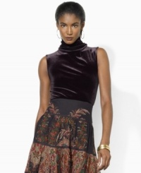 Lauren Ralph Lauren's classic turtleneck is infused with vintage, feminine appeal, crafted in soft velvet with four brass buttons at the back neckline. Lauren Ralph Lauren's classic turtleneck is infused with vintage, feminine appeal, crafted in soft velvet with four brass buttons at the back neckline.