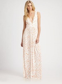 Plunging v-neck, shirred waistband and a low-cut back invigorate this abstractly printed maxi design. Plunging v-neckShirred waistbandV-back with wide strapsAbout 40 from natural waist92% modal/8% spandexDry cleanMade in USAModel shown is 5'10 (177cm) wearing US size Small. Plunging v-neck, shirred waistband and a low-cut back invigorate this abstractly printed maxi design. Plunging v-neckShirred waistbandV-back with wide strapsAbout 40 from natural waist92% modal/8% spandexDry cleanMade in USAModel shown is 5'10 (177cm) wearing US size Small.