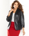 Cool coated fabric gives INC's fitted plus size blazer a slight sheen. Perfect for adding an edgy touch to everything from jeans to a little black dress! (Clearance)