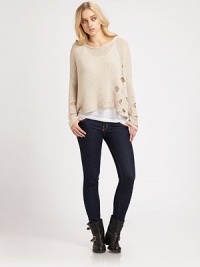 Edgy holes dispersed on the soft knit adds an extra dose of cool to any ensemble. Turn-back boatneckDropped shouldersKnitted open hole pattern on left side and sleevesLong sleeves with self-finished cuffsSelf-finished U-shaped hem43% linen/35% cotton/22% nylonDry cleanImportedModel shown is 5'9 (176cm) wearing US size Small. Edgy holes dispersed on the soft knit adds an extra dose of cool to any ensemble. Turn-back boatneckDropped shouldersKnitted open hole pattern on left side and sleevesLong sleeves with self-finished cuffsSelf-finished U-shaped hem43% linen/35% cotton/22% nylonDry cleanImportedModel shown is 5'9 (176cm) wearing US size Small.