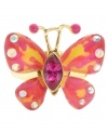 Flit, flutter and fly. Betsey Johnson's fabulous butterfly ring makes a bold and vibrant statement in hot pink and orange enamel with sparkling clear crystals on the wings and a hot pink crystal body. Set in gold-plated mixed metal. Ring stretches to fit finger.
