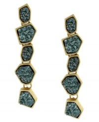 Solid as a rock. BCBGeneration's dynamic drop earrings feature chunky green drusy chips in a fun, linear setting. Crafted in gold tone mixed metal. Approximate drop: 2 inches. Solid as a rock. BCBGeneration's dynamic drop earrings feature chunky green drusy chips in a fun, linear setting. Crafted in gold tone mixed metal. Approximate drop: 2 inches.