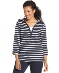 Set your sights on Karen Scott's layered-look top. It features seaside stripes and a hood for nautical-inspired style! Set your sights on Karen Scott's layered-look top. It features seaside stripes and a hood for nautical-inspired style!