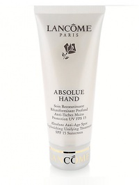 Absolute Anti-Age Spot Replenishing Unifying Treatment--15 Sunscreen. A luxurious and comprehensive hand treatment that addresses the special needs of mature hands. Diminishes and discourages the appearance of age spots, while replenishing and protecting the skin. Result: Immediately, skin on hands is hydrated, soft and luminous. With continued use, skin becomes more uniform, looks firmer and youthful. Massage into hands and cuticles as needed. 3.5 oz. 