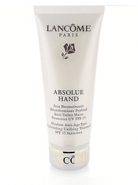 Absolute Anti-Age Spot Replenishing Unifying Treatment--15 Sunscreen. A luxurious and comprehensive hand treatment that addresses the special needs of mature hands. Diminishes and discourages the appearance of age spots, while replenishing and protecting the skin. Result: Immediately, skin on hands is hydrated, soft and luminous. With continued use, skin becomes more uniform, looks firmer and youthful. Massage into hands and cuticles as needed. 3.5 oz. Absolute Anti-Age Spot Replenishing Unifying Treatment--15 Sunscreen. A luxurious and comprehensive hand treatment that addresses the special needs of mature hands. Diminishes and discourages the appearance of age spots, while replenishing and protecting the skin. Result: Immediately, skin on hands is hydrated, soft and luminous. With continued use, skin becomes more uniform, looks firmer and youthful. Massage into hands and cuticles as needed. 3.5 oz.