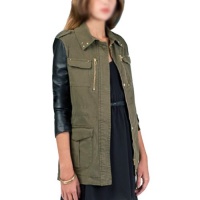 Vobaga Women's Military Green Contrast Pu Leather Sleeve Stud Collar Jacket Coat Blazer S-l Vobaga Women's Military Green Contrast Pu Leather Sleeve Stud Collar Jacket Coat Blazer S-l