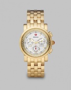 From the Sport Sail Collection. A dazzling diamond accented design with a technical chronograph dial on a goldtone bracelet.Swiss quartz movementWater resistant to 5 ATMRound goldtone stainless steel case, 38mm (1.5)Smooth bezelInterior diamond trim, .46 tcwEnamel chronograph dialBar hour markersDate function at 6 o'clockSecond handGoldtone stainless steel link braceletImported