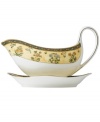 In 18th century England, Josiah Wedgwood, creator of the world famous Wedgwood ceramic ware, established a tradition of outstanding craftsmanship and artistry which continues today. The exotic India dinnerware pattern presents a pattern of exquisitely detailed, diminutive florals on a yellow and deep blue band against pure white bone china.