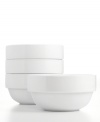 Keep the table and kitchen clean with Stax Living dinnerware. A pure white glaze adorns cereal bowls for everyday use, in a shape designed for efficient stacking and storage. Perfect for small spaces!