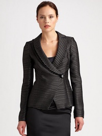 This chic, striped style features unique overlapping shawl and notched lapels, and a single faceted button closure.Double shawl and foldover lapelsAsymmetric button closureFully linedAbout 23 from shoulder to hemFully lined37% polyester/29% polyamide/21% wool/13% silkDry cleanMade in Italy of imported fabricModel shown is 5'10½ (177cm) wearing US size 4. 