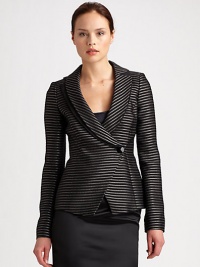 This chic, striped style features unique overlapping shawl and notched lapels, and a single faceted button closure.Double shawl and foldover lapelsAsymmetric button closureFully linedAbout 23 from shoulder to hemFully lined37% polyester/29% polyamide/21% wool/13% silkDry cleanMade in Italy of imported fabricModel shown is 5'10½ (177cm) wearing US size 4. This chic, striped style features unique overlapping shawl and notched lapels, and a single faceted button closure.Double shawl and foldover lapelsAsymmetric button closureFully linedAbout 23 from shoulder to hemFully lined37% polyester/29% polyamide/21% wool/13% silkDry cleanMade in Italy of imported fabricModel shown is 5'10½ (177cm) wearing US size 4.
