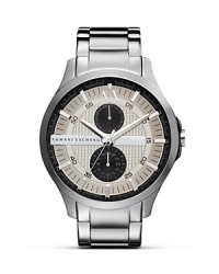 Punctuate your look with statement pieces like this watch from Armani Exchange. Designed for on-duty style, it features advanced movement, two-eye dial, and silvery accents. Punctuate your look with statement pieces like this watch from Armani Exchange. Designed for on-duty style, it features advanced movement, two-eye dial, and silvery accents.