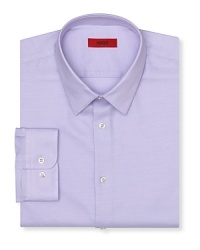 Contemporary fit, long sleeved button front shirt with point collar. Rounded barrel cuffs. Invisible stitched shorter cuffs. Clean front, no pockets. Contemporary fit, long sleeved button front shirt with point collar. Rounded barrel cuffs. Invisible stitched shorter cuffs. Clean front, no pockets.