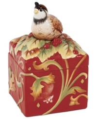 The ultimate gift box, this Bountiful Holiday keeper from Fitz and Floyd is rich with detail, from the sculpted autumnal pattern to its figural bird and berry lid. A gift in itself or an elegant way to present something smaller. The ultimate gift box, this Bountiful Holiday keeper from Fitz and Floyd is rich with detail, from the sculpted autumnal pattern to its figural bird and berry lid. A gift in itself or an elegant way to present something smaller.